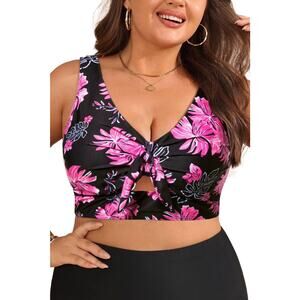 NWT Pink/Black Tropical Push Up Swim Top Bra Keyhole Swimsuit   16 Plus